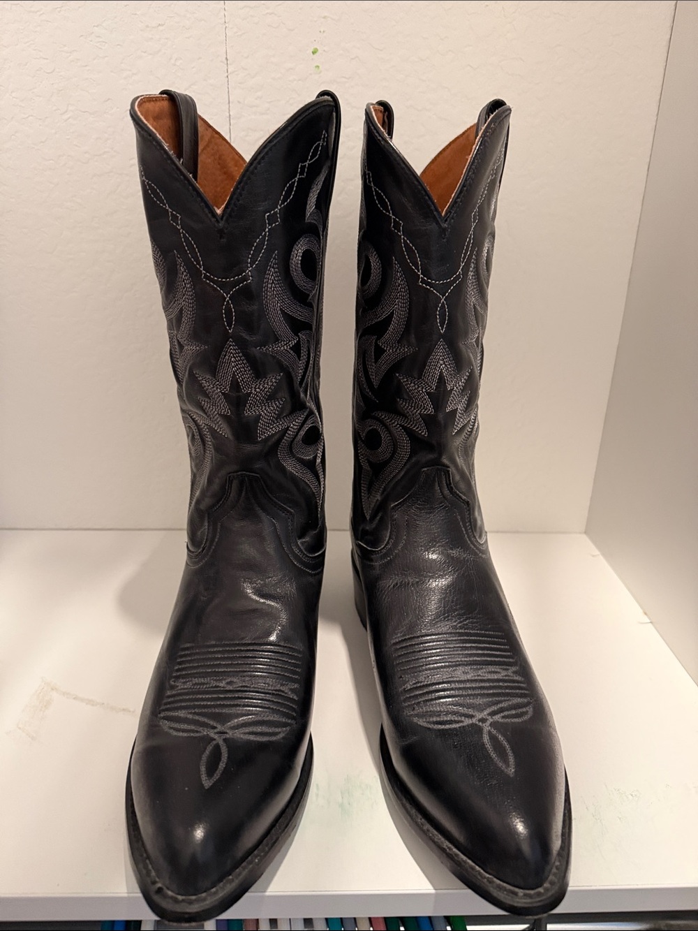Dan Post Black Leather Western Cowboy Boots with Embroidered Stitching